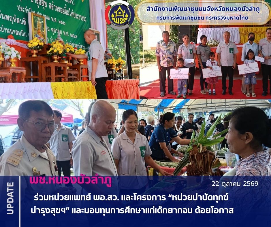 พช.หนองบัวลำภูร่วมหน่วยแพทย์ พอ.สว. และโครงการ “หน่วยบำบัดทุกข์ บำรุงสุขฯ” และมอบทุนการศึกษาแก่เด็กยากจน ด้อยโอกาส