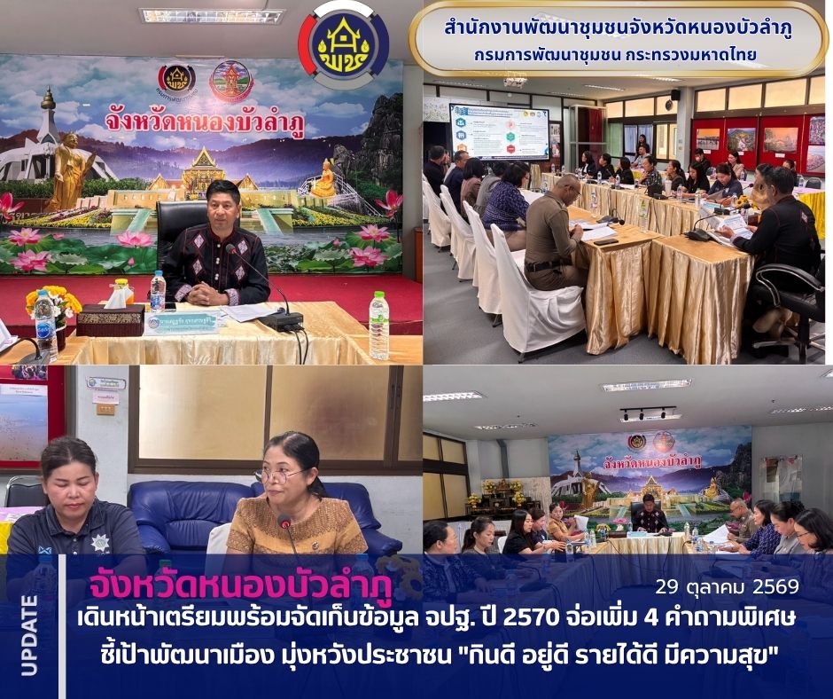 หนองบัวลำภู เดินหน้าเตรียมพร้อมจัดเก็บข้อมูล จปฐ. ปี 2570 จ่อเพิ่ม 4 คำถามพิเศษ ชี้เป้าพัฒนาเมือง มุ่งหวังประชาชน "กินดี อยู่ดี รายได้ดี มีความสุข"
